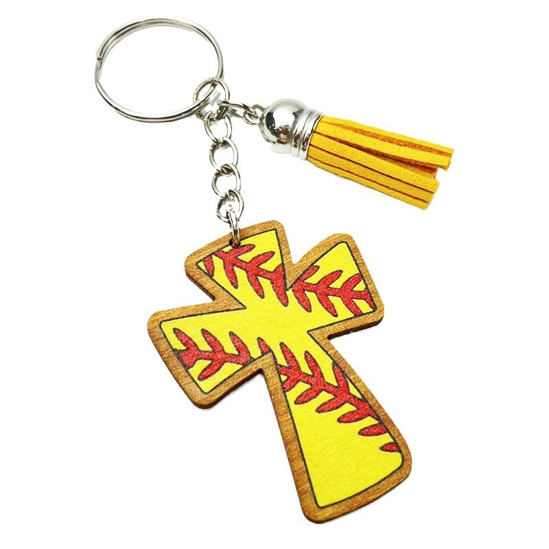 Wholesale 2pcs Football Basketball Faith Cross Wooden Vintage Keychain