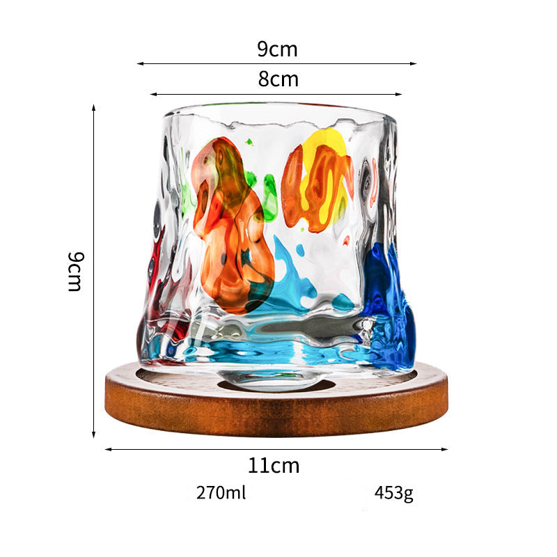 Wholesale Haisman thickened color glass creative rotating whiskey glass hand painted rotating cup with wooden tray decompression Cup