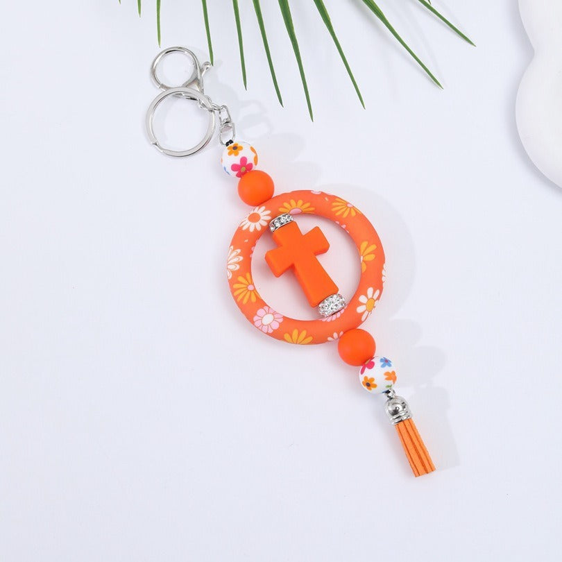 Wholesale Silicone Circle Beaded Ring Cross Printed Keychain