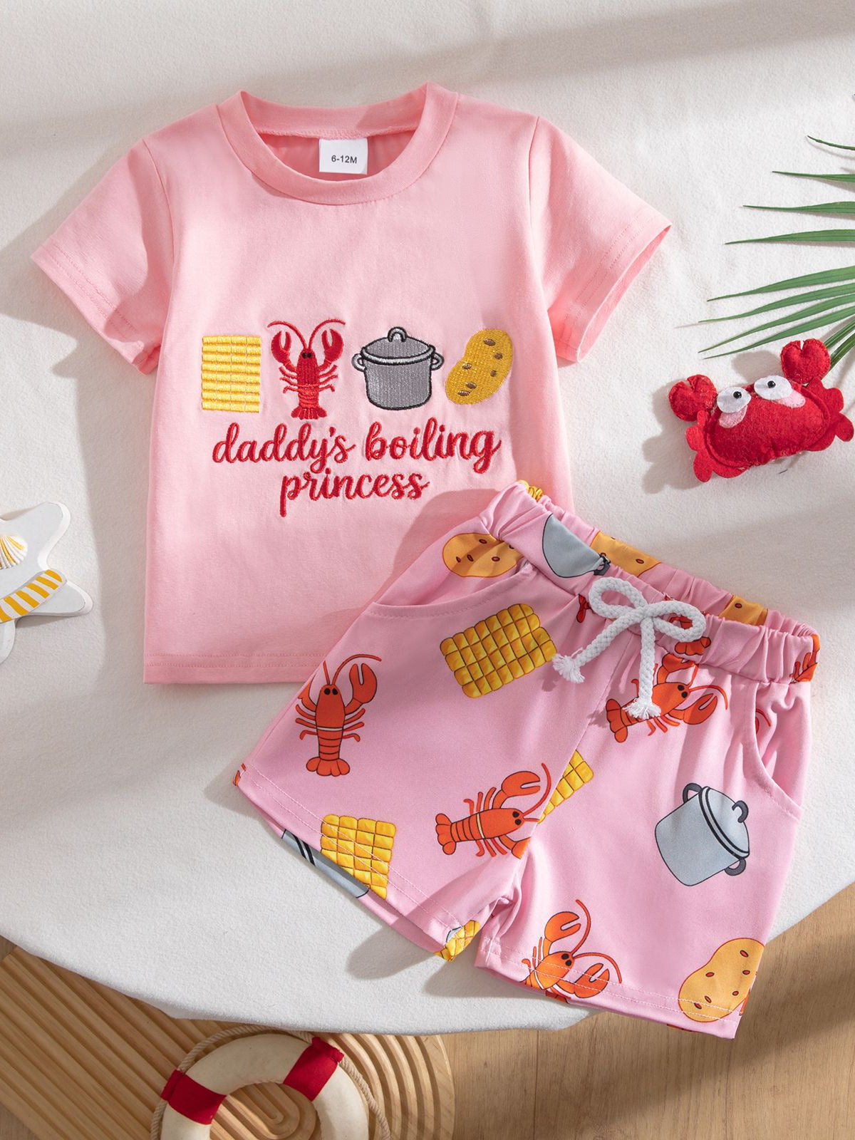 Wholesale Chic Unisex Kids Summer Two Piece Set Korean Style Short Sleeve With Lobster Embroidery Casual Outfit For Toddlers Boutique Resale