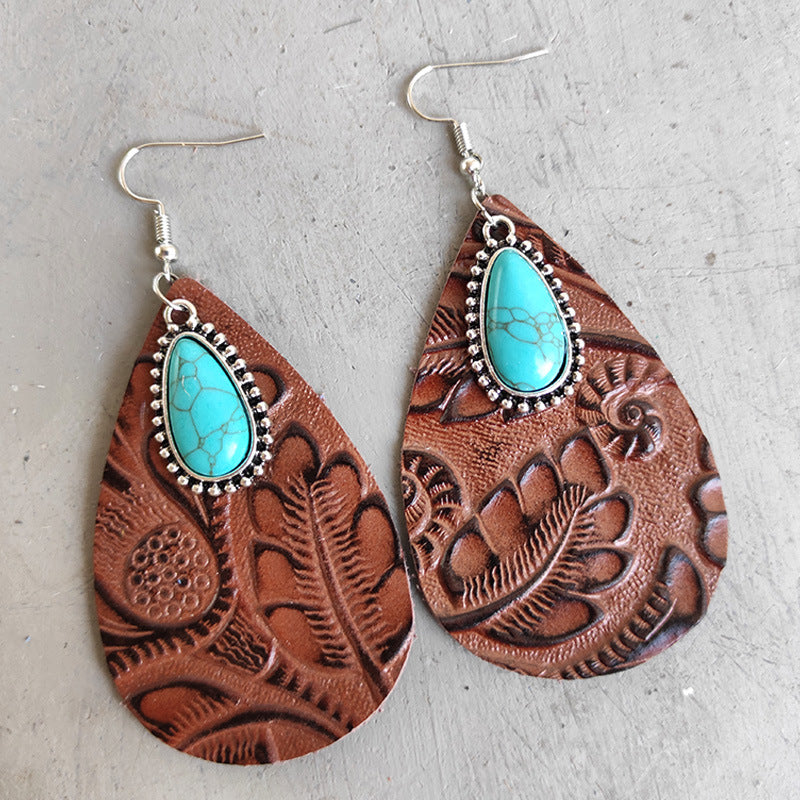 Wholesale Western Style Teardrop Turquoise Leather Earrings Fashion Jewelry Accessory Gift