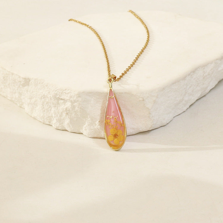 Wholesale 6pcs Resin Colored Dried Flower Pendant Water Drop Necklace