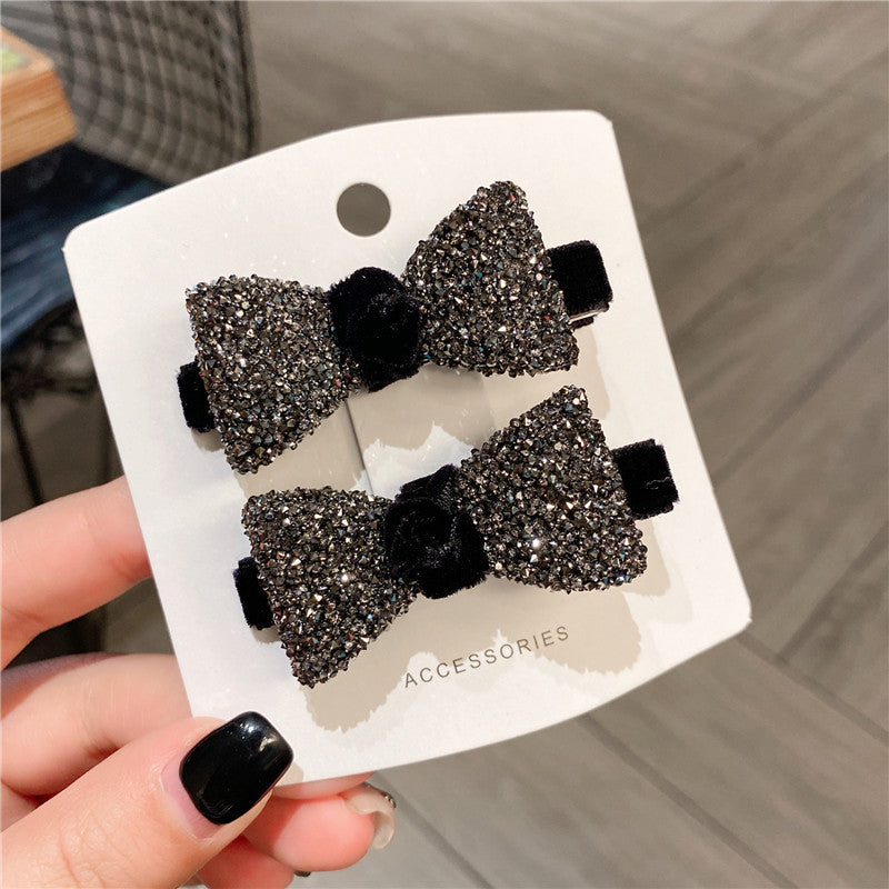 Wholesale Black Velvet Small Bow Rhinestone Hair Clips