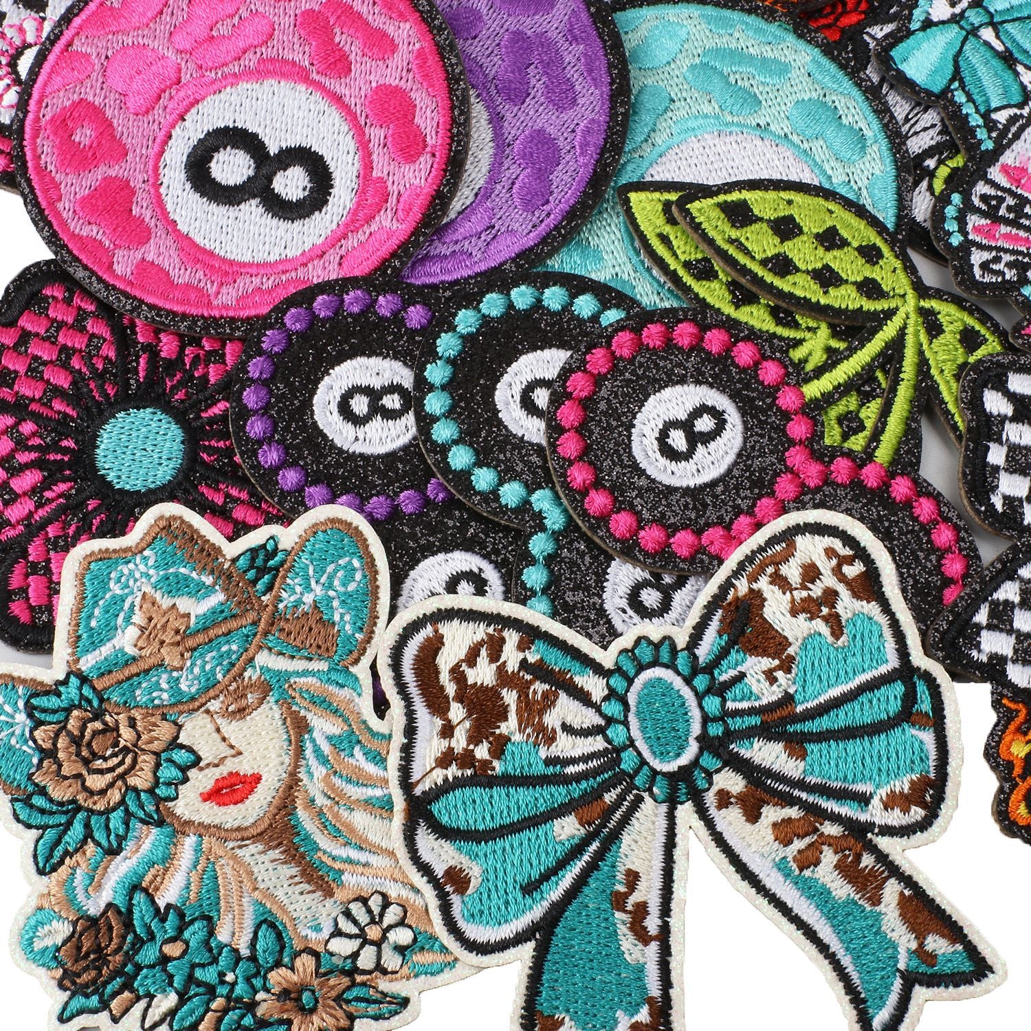 Wholesale Glitter Embroidered Fabric Patch Vintage American Retro Billiards Poker Cowboy Bow Flower Design For Clothing DIY Gift