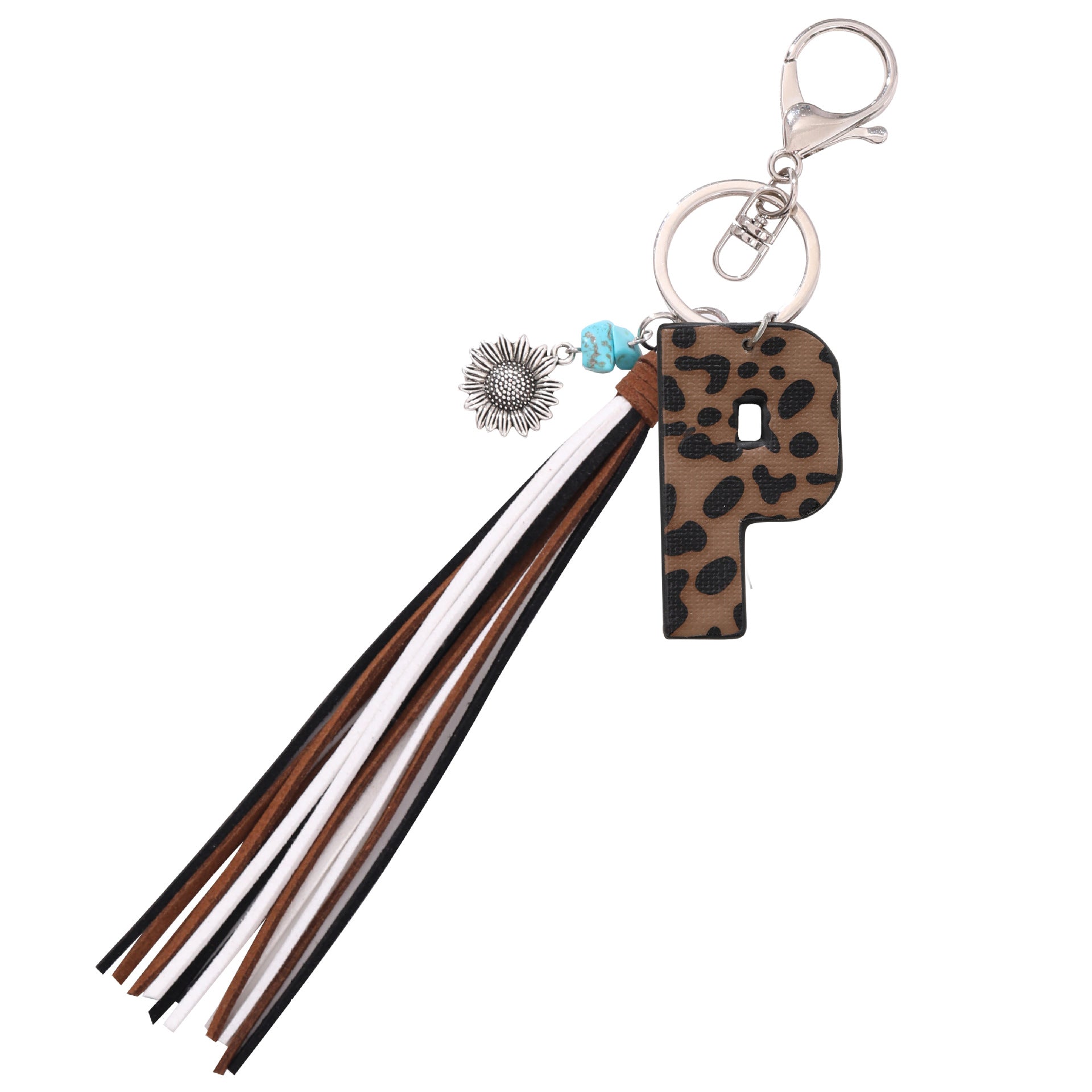 Wholesale Western Cowboy Style Leopard Oil Edge Leather Letter Tassel Keychains