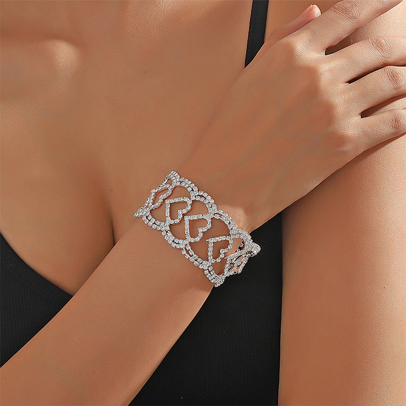 Wholesale Trendy Rhinestone Heart Shaped Wide Bracelet Bangle Women S Fashion Jewelry Accessory Silver Plated Gift For Everyday Wear