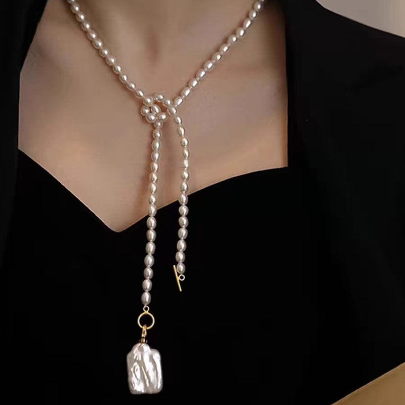 Wholesale Baroque Rice Pearl Necklace Square Pendant Stacked Long Woolen Chain