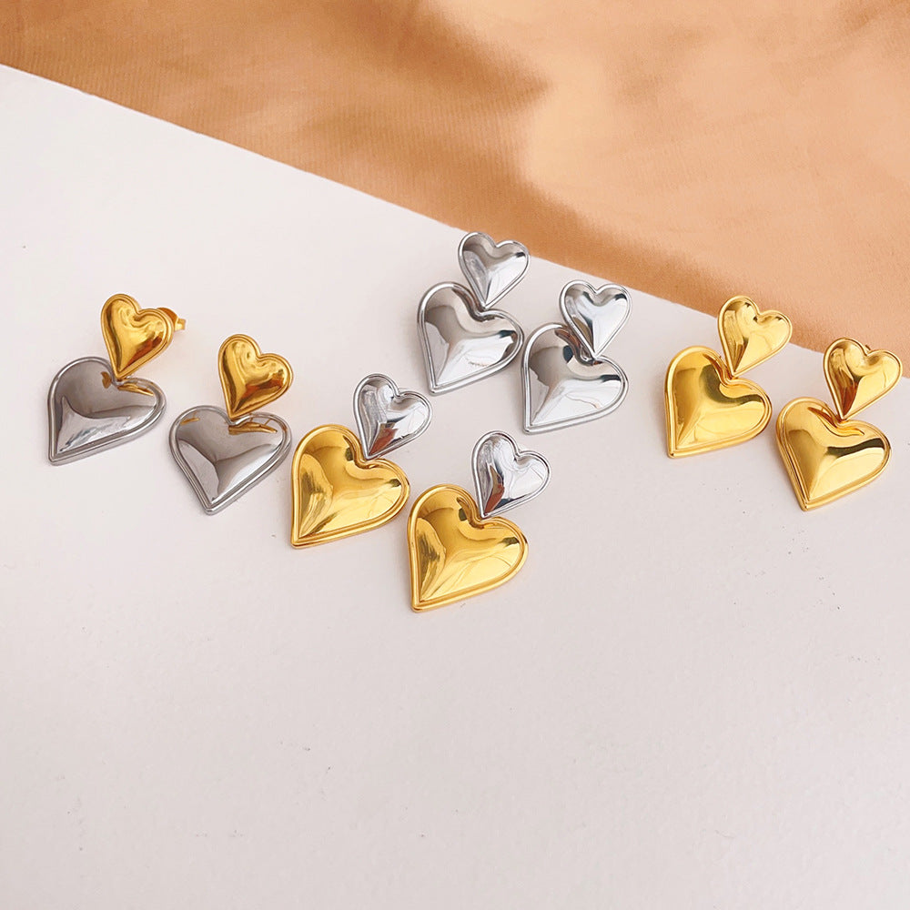 Wholesale Gold and silver contrasting pendant heart-shaped titanium steel earrings