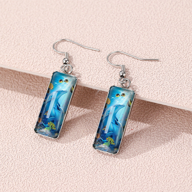 Wholesale Dolphin Time Gemstone Rectangular Glass Earrings