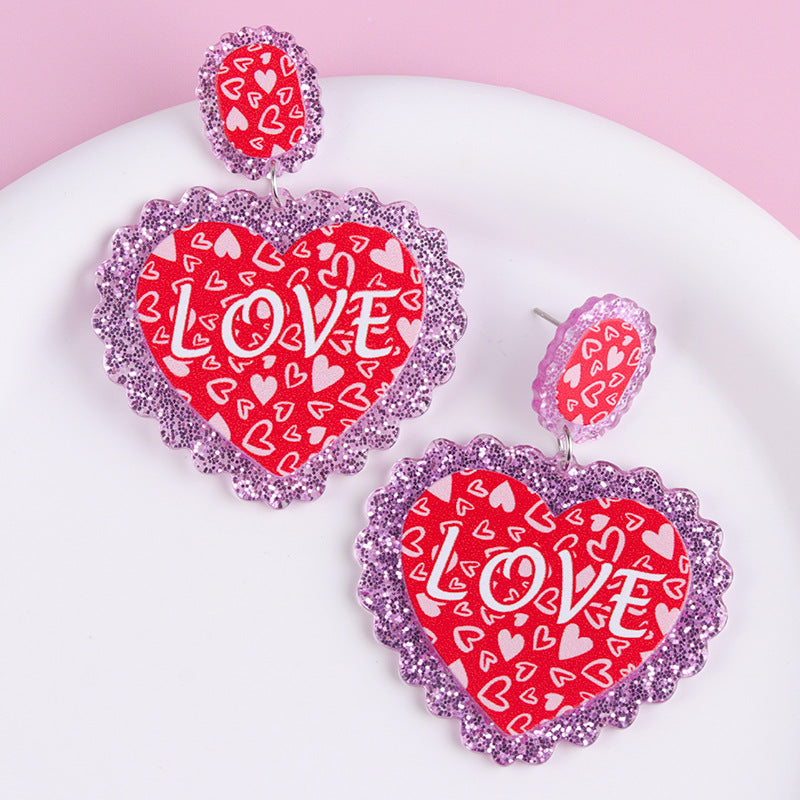 Wholesale Valentine' s Day Heart-shaped LOVE Acrylic Glitter Earrings