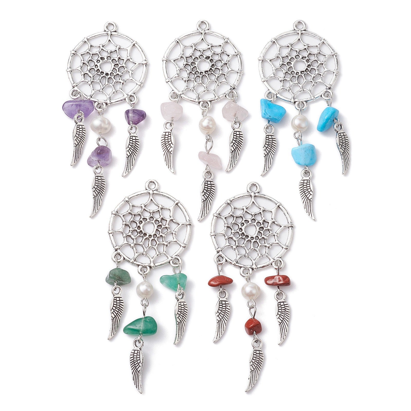 Wholesale Natural crystal stainless steel gravel dream catcher keychain ring pearl DIY tassel pendant