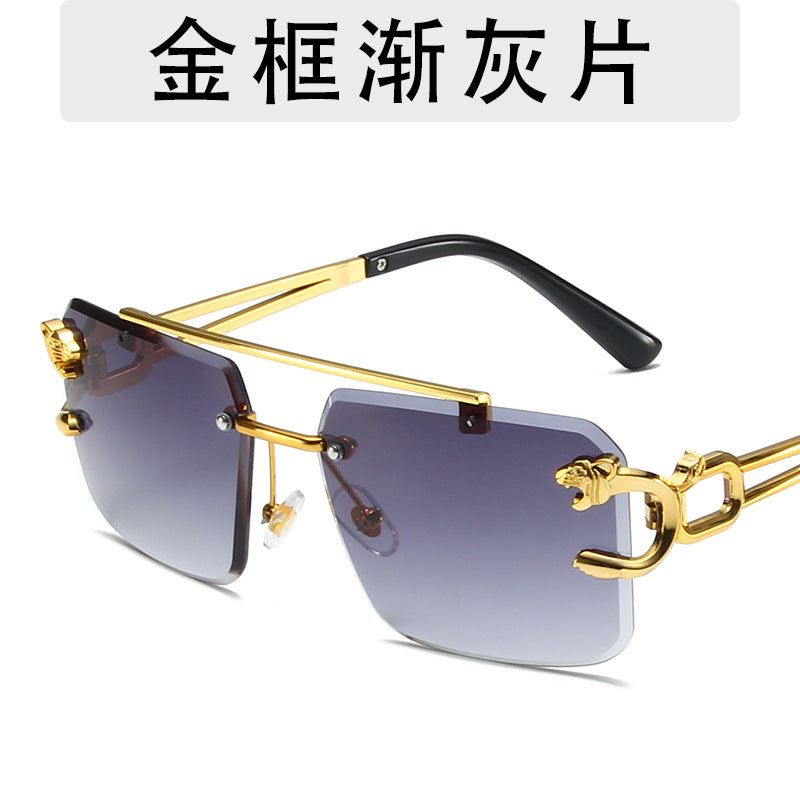 Wholesale Trendy frameless trimming sunglasses leopard head women's outdoor travel sunglasses fashionable wear pull-up glasses men