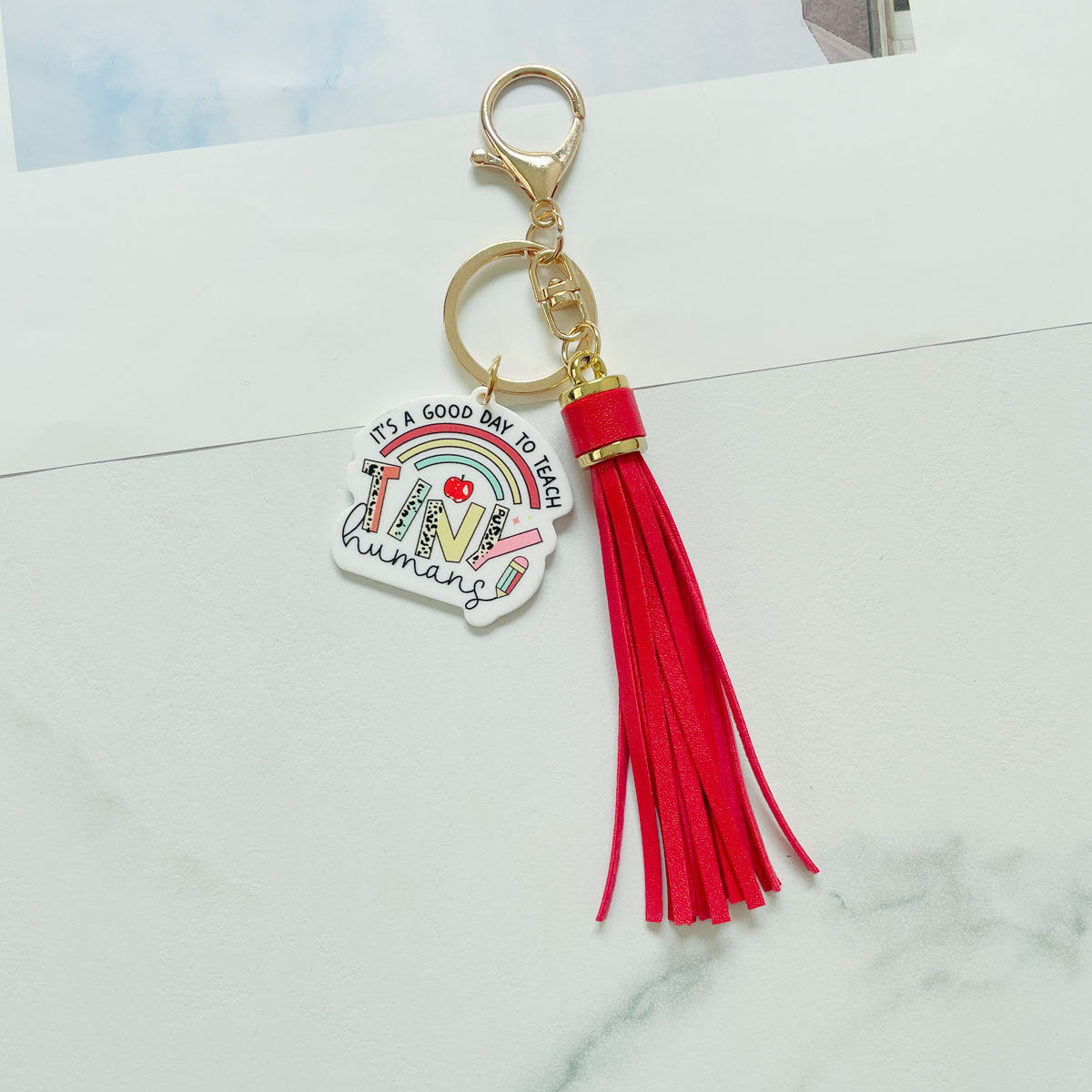 Wholesale Teacher Gifts Acrylic PU Tassel Bag Charm Keychain