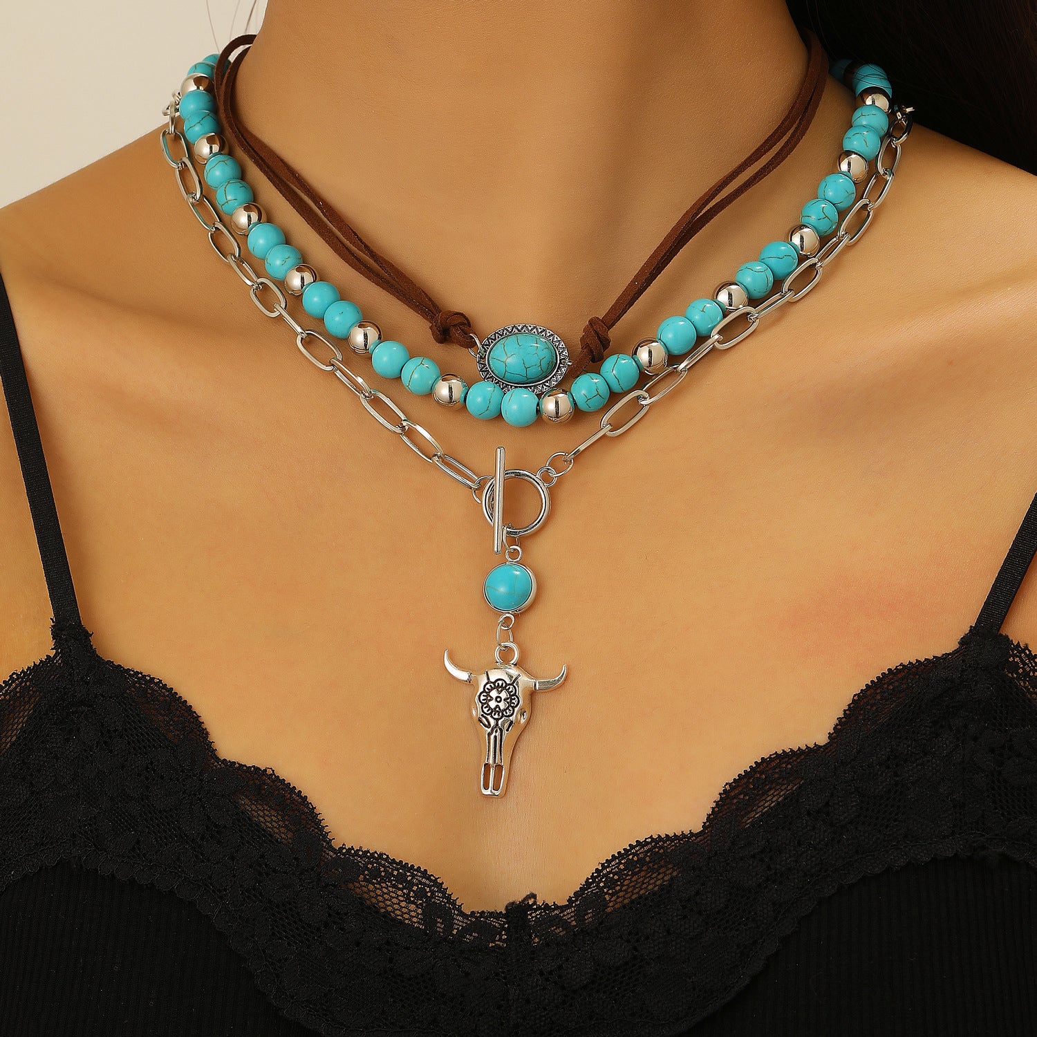 Wholesale Zinc Alloy Western Cowboy Turquoise Layered Necklace Set Bohemian Fashion Accessory Gift