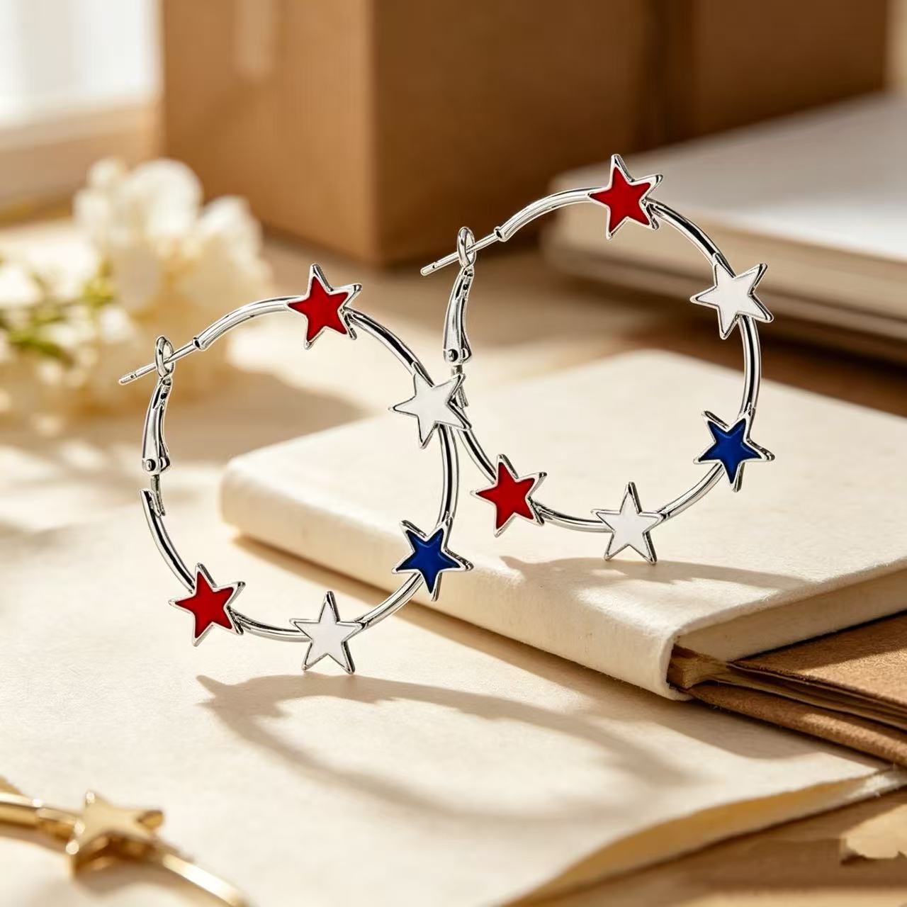 Wholesale Patriotic Star Heart Earrings For Women Red White Blue Rhinestone Alloy Independence Day Fashion Jewelry Accessory Gift
