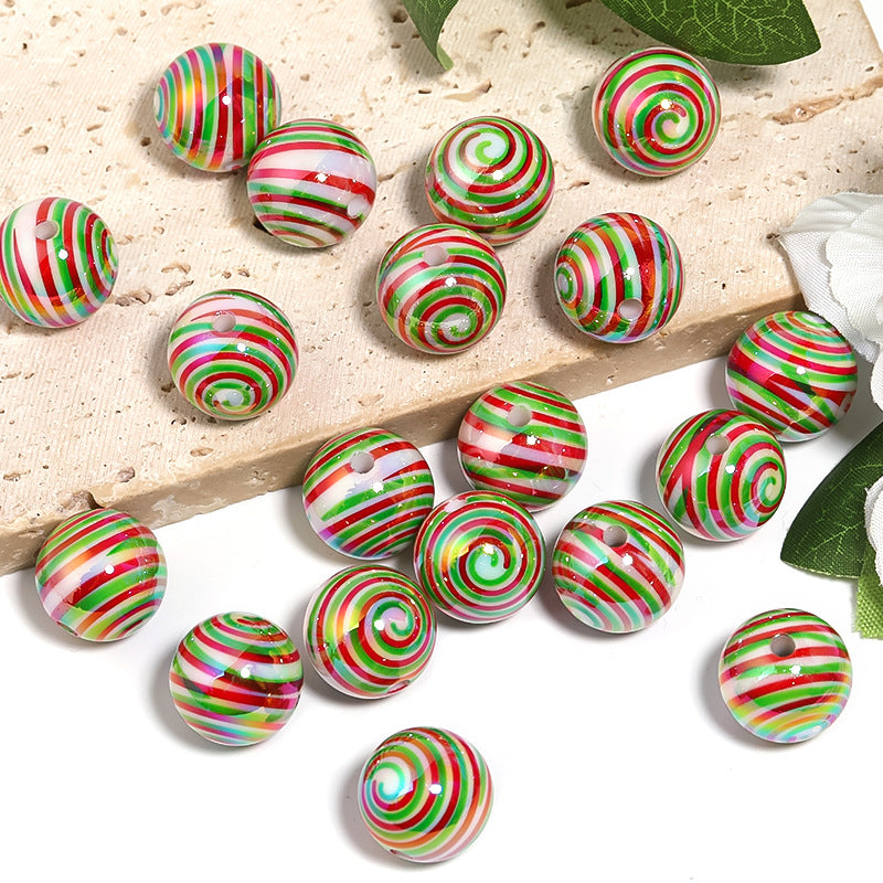 Wholesale Random 100pcs/pack  Christmas Acrylic Round Candy Striped Spiral Printed Acrylic Beads