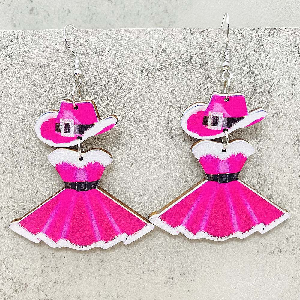 Wholesale Christmas Ornament Cute Princess Dress Western Denim Santa Hat Wooden Earrings