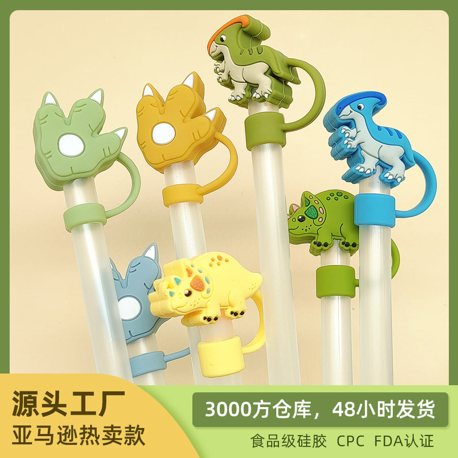 Wholesale Food grade silicone cartoon dinosaur straw cover