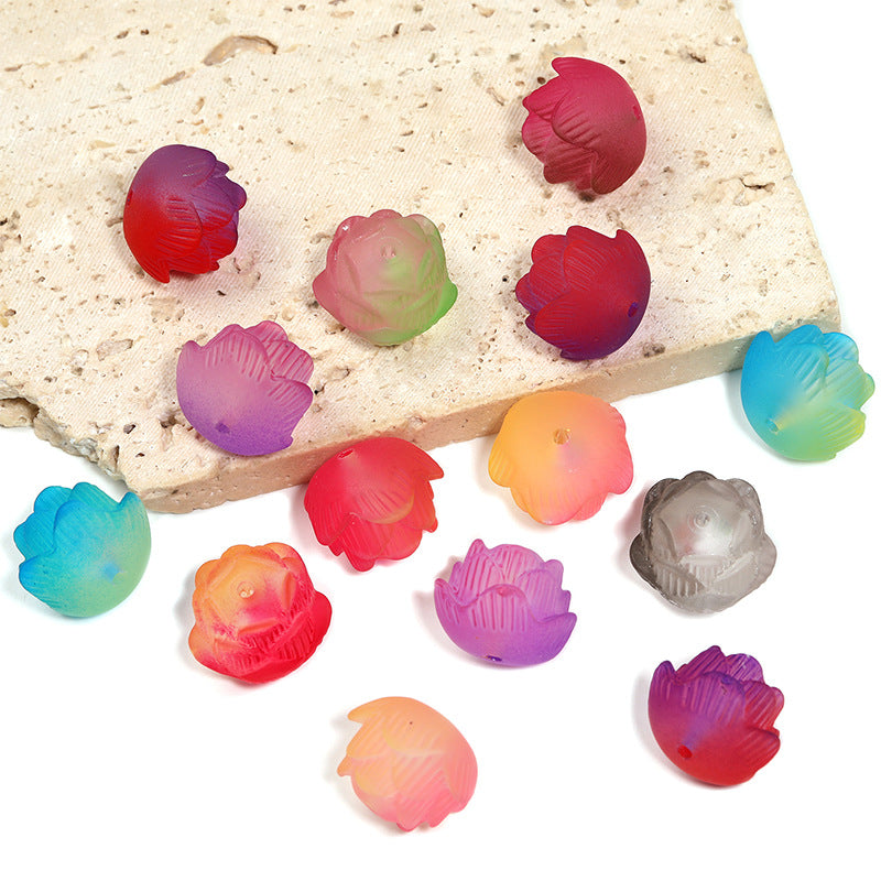 Wholesale 50pcs Acrylic Stereo Lotus Beads Frosted Two-Color Golden Lotus Vertical Hole Beads