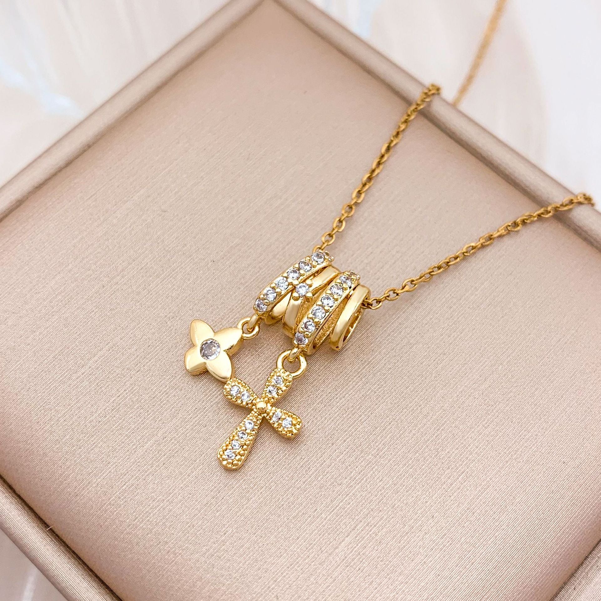 Wholesale Square Ice Cream Color Titanium Steel Necklace Luxury Micro-Paved Zircon Temperament  Accessory