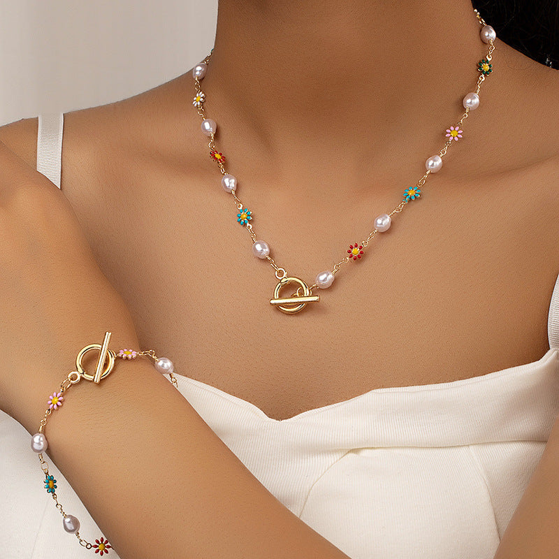 Wholesale Flower Heart Pearl Bracelet Necklace Set For Women Alloy Electroplated Trendy Gift Boutique Resale Fashion Jewelry