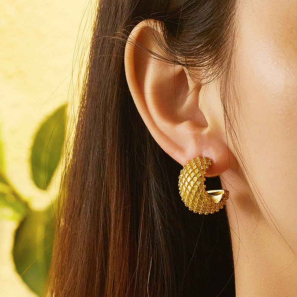 Wholesale Retro Twisted Circle Diamond Braided Wheat Ear C-Shaped Large Arc Gold Earrings