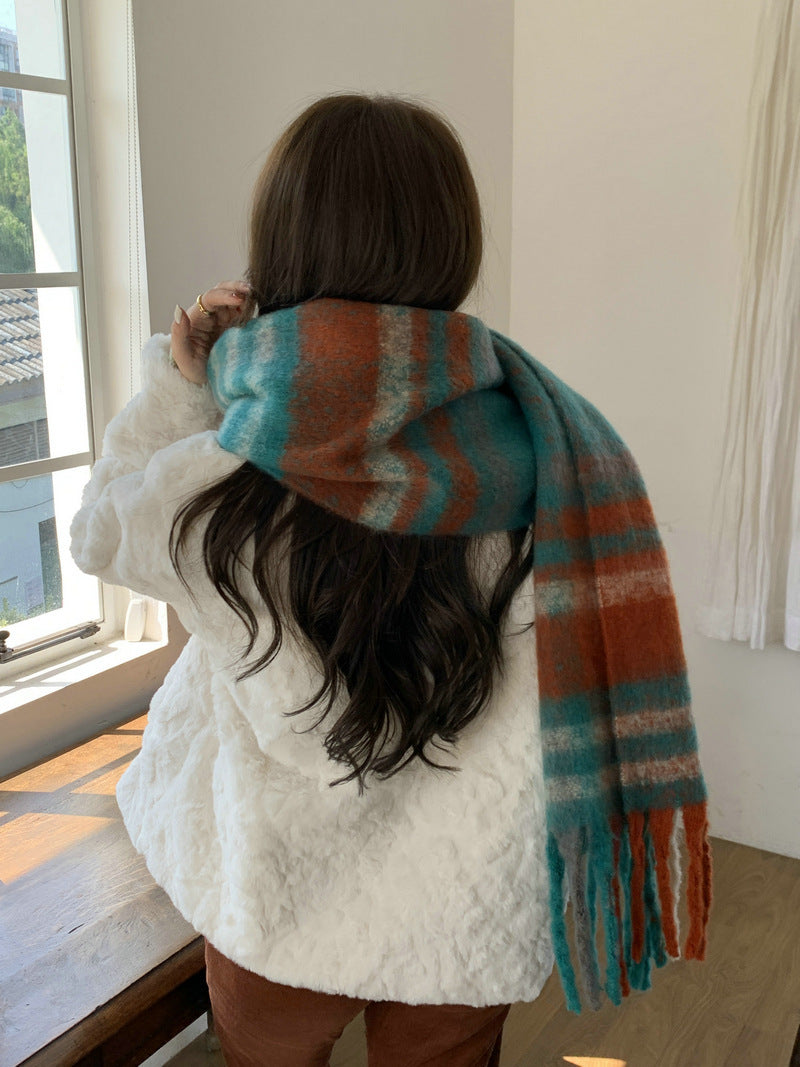 Wholesale rainbow plaid fringed mohair thickened scarf