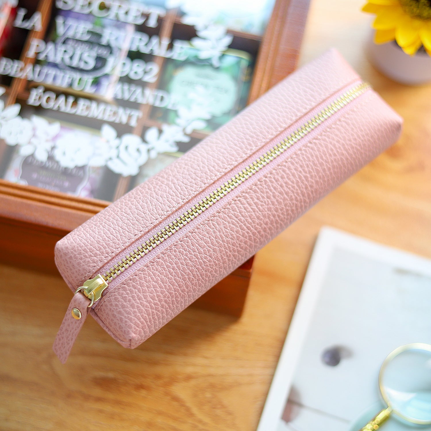 Wholesale Cowhide Lychee Zipper Creative Pencil Case