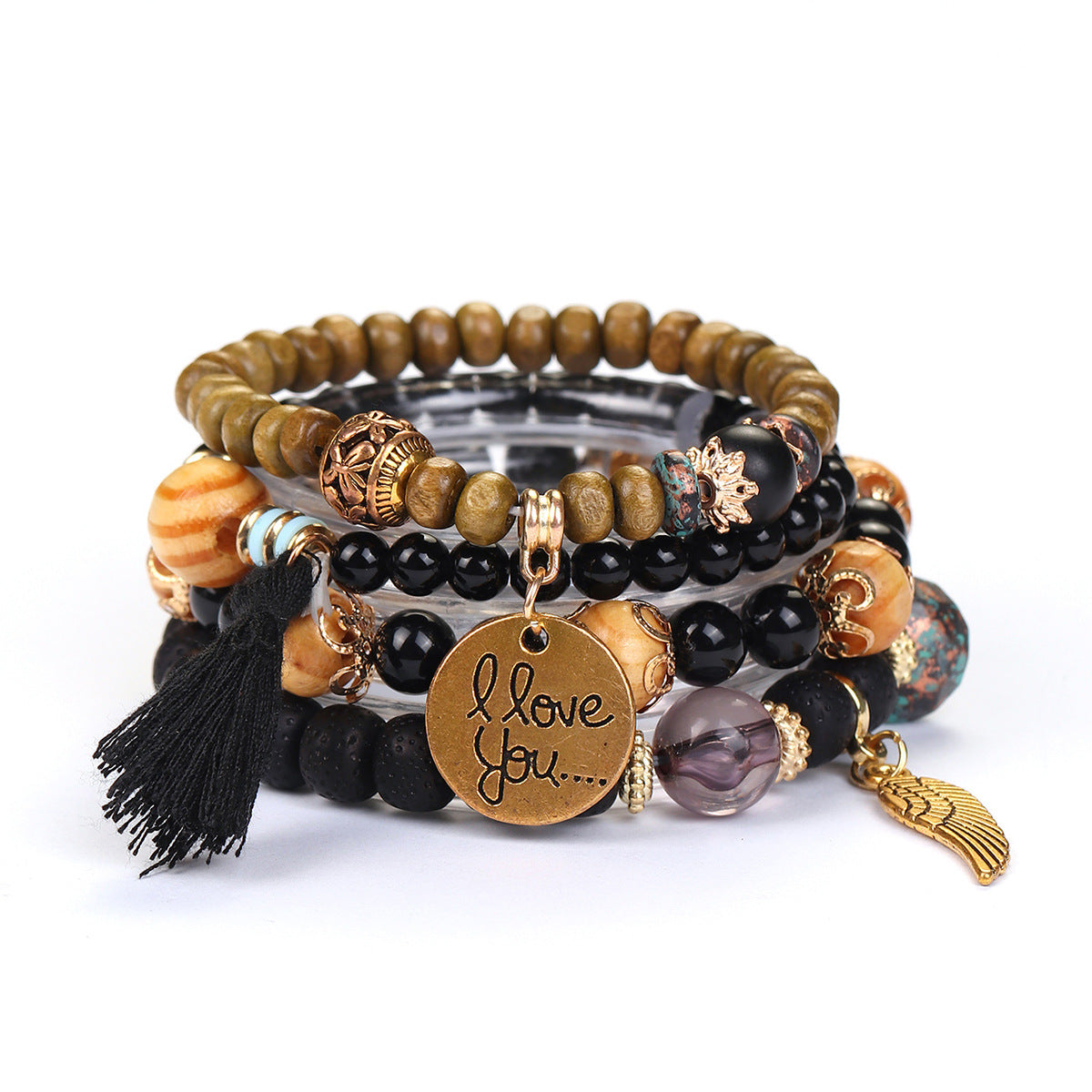 Wholesale Wing Wood Bead Tassel Elastic Bracelet