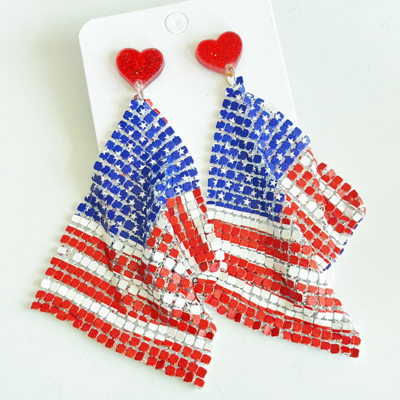 Wholesale 2pairs/pack Independence Day Flag Parade Feather Shiny Leather Mesh Earrings