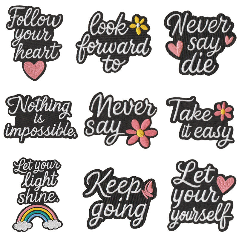 Wholesale Modern Black English Letter Embroidered Iron On Patches 9 Piece Set Inspirational Decorative DIY For Clothing Towels And Home Decor