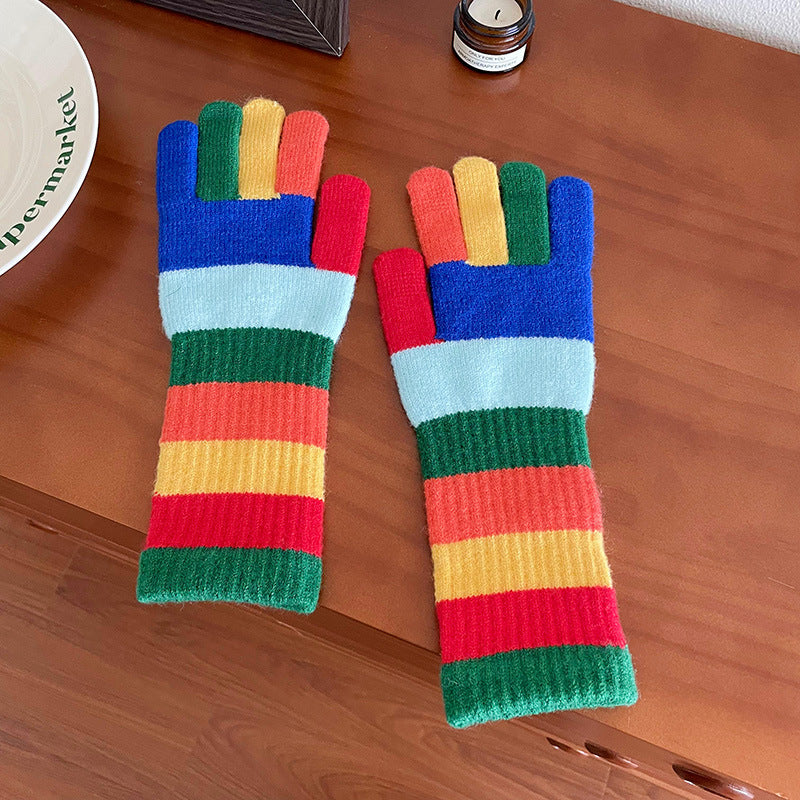 Wholesale Rainbow Stripe Knitted Wool Open Finger Touchable Screen Riding Warm Split Finger Gloves