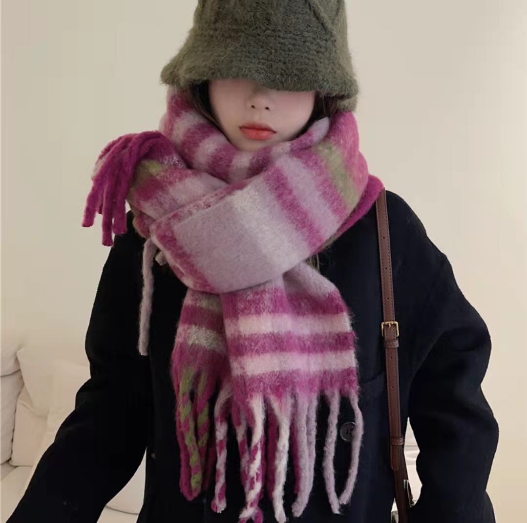 Wholesale rainbow plaid fringed mohair thickened scarf