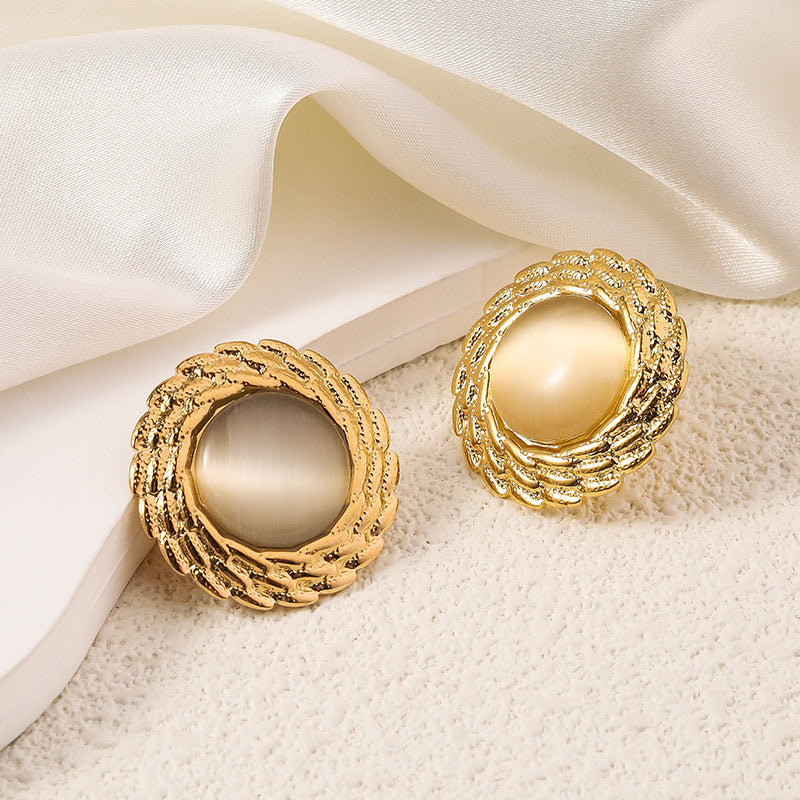 Wholesale Antique Multicolor Round Fried Dough Twists Plated 18k Gold Opal Stainless Steel Earrings