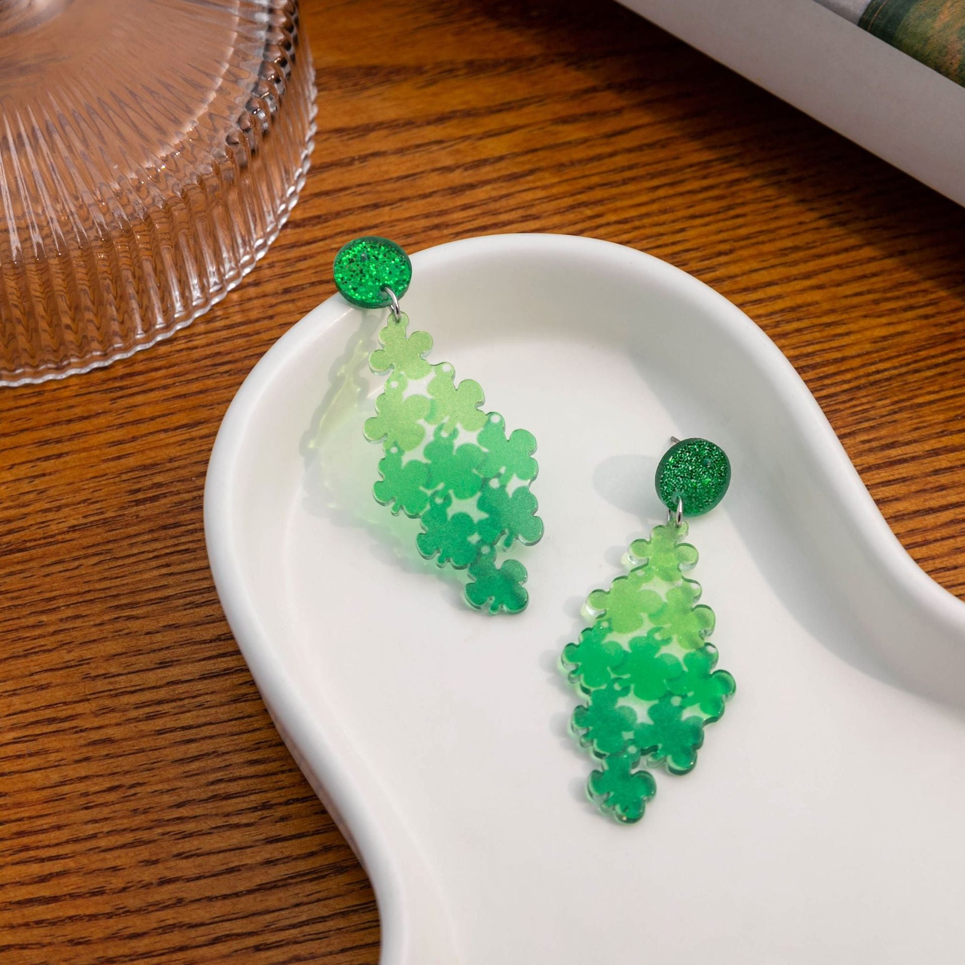 Wholesale St. Patrick's Day Four Leaf Clover Patchwork Acrylic Earrings