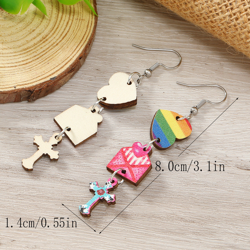 Wholesale Valentine's Day Colorful Printed Love Cross Pendant Wooden Earrings