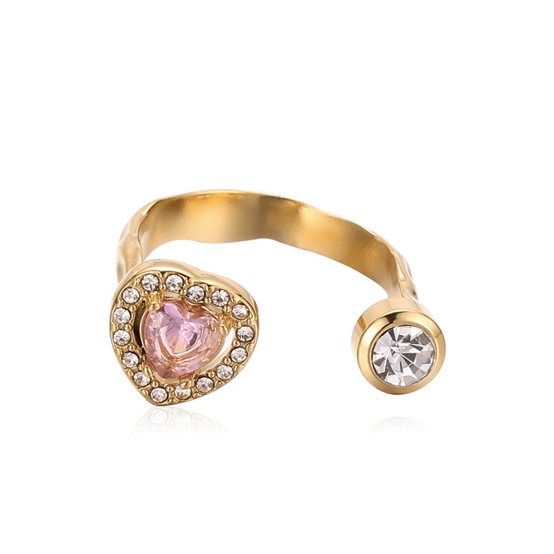 Wholesale Stainless Steel Diamond Inlaid Heart Adjustable Zircon Ring