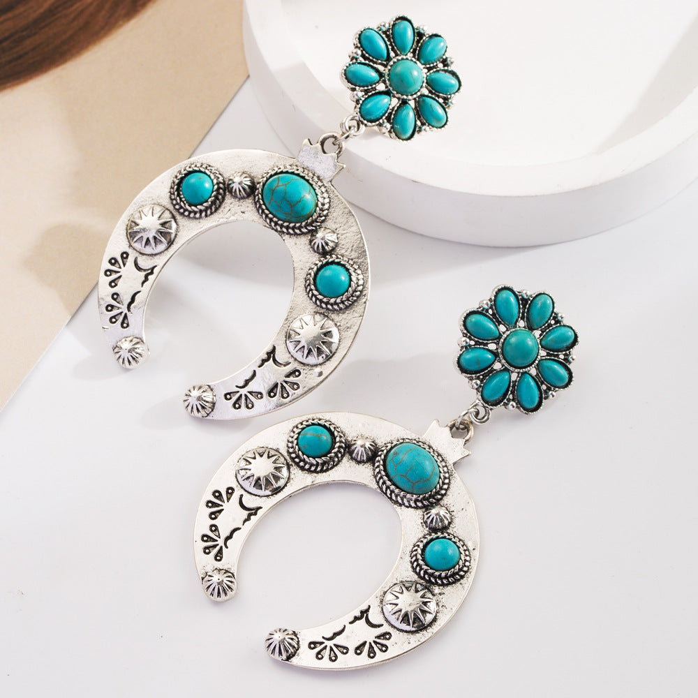 Wholesale Bohemian ethnic style turquoise milk grain leather diamond hollow earrings
