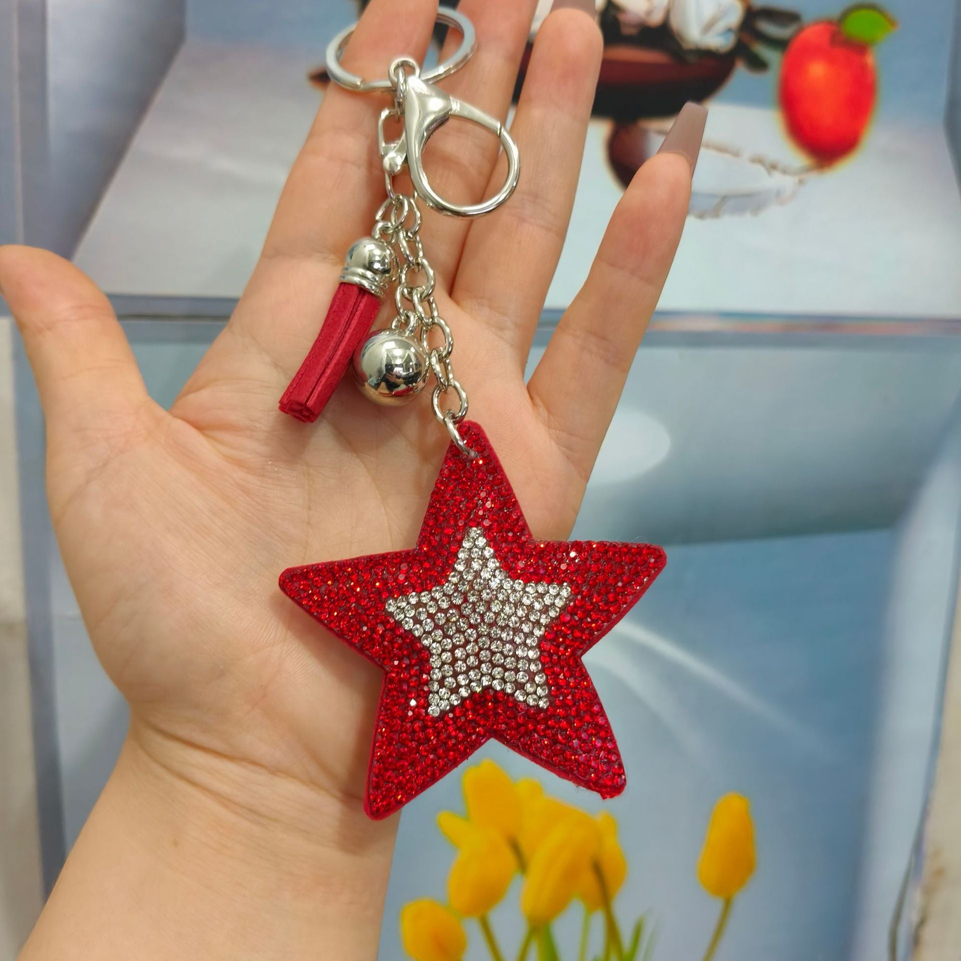 Wholesale Sequined Creative Two-Color Inlaid Diamond Five-Pointed Star Tassel Keychain