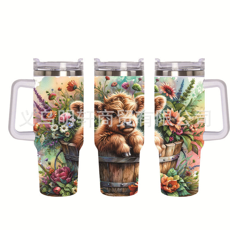 Wholesale Tumbler 40OZ Bull Head 3D Sunflower Car Cup Stainless Steel Straw Tumbler Ice Cup
