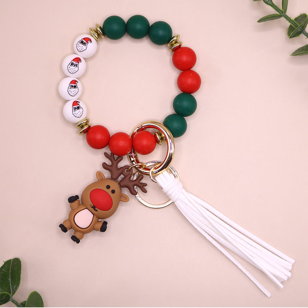 Wholesale 10PCS Silicone Christmas Elk Christmas Tree Beaded Wrist Keychain