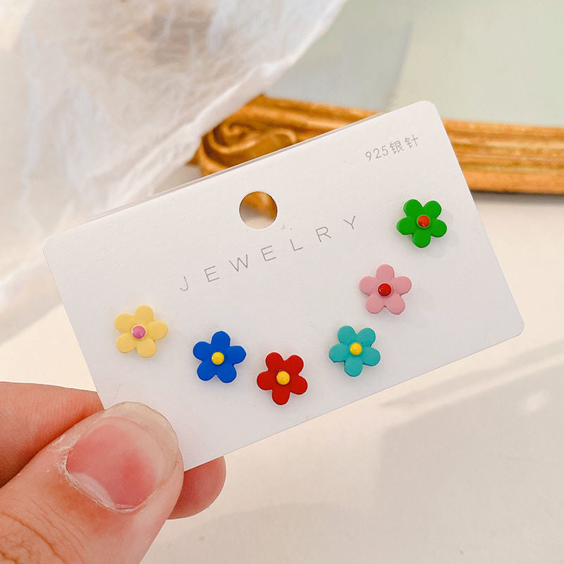 Wholesale s925 Silver Needle Color Bear Button Heart Three-piece Set Earrings