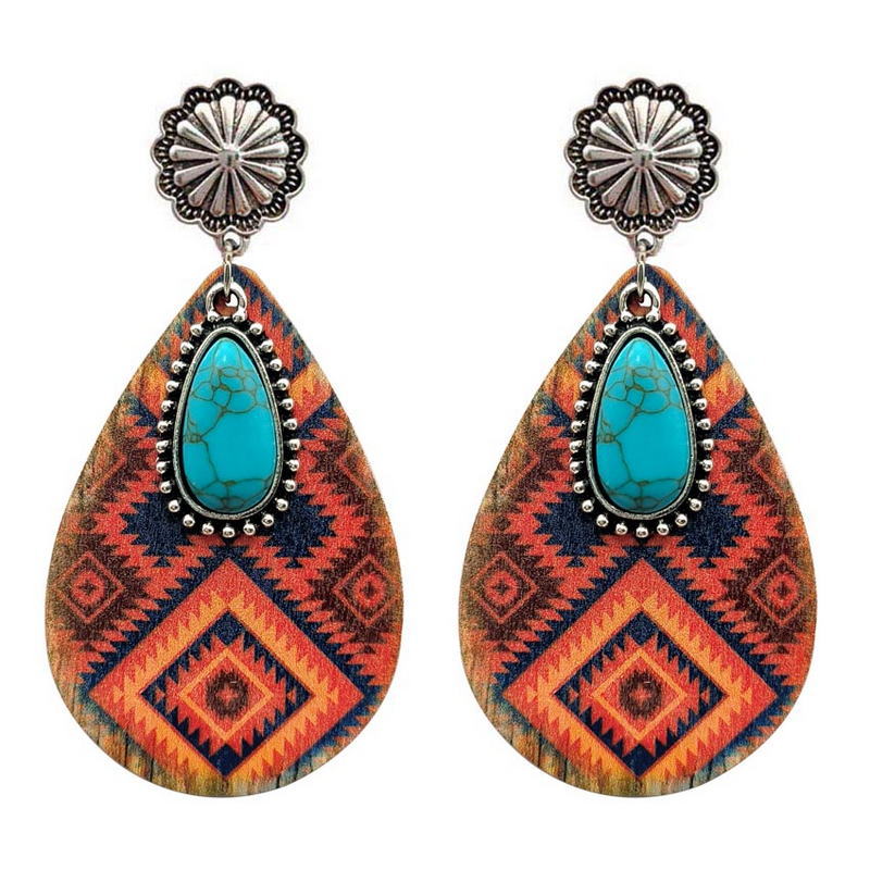 Wholesale Ethnic Turquoise Western Style Aztec Leather Drop Earrings