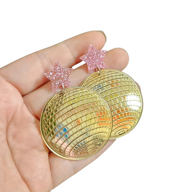 Wholesale Exaggerated Creative Five-pointed Star Acrylic Retro Disco Ball Mirror Laser Earrings