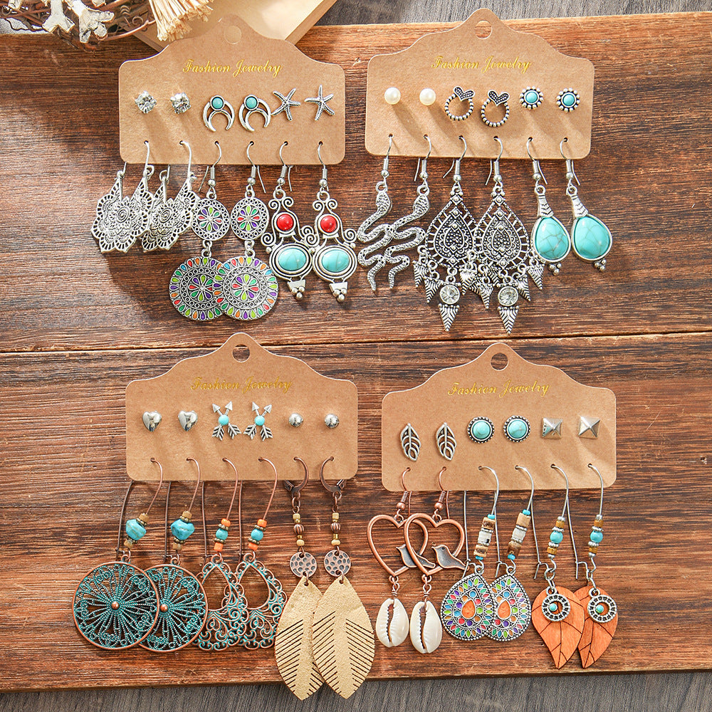 Wholesale Trendy Bohemian Retro Earring Set Silver Tone Turquoise Zinc Alloy With Ethnic Bird Motif Fashion Accessory For Gift And Resale