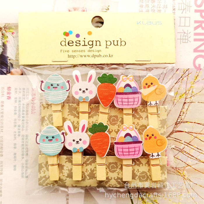 Wholesale Easter element collection cartoon rabbit clip hanging photo wall kindergarten flower shop card Easter egg small wooden clip