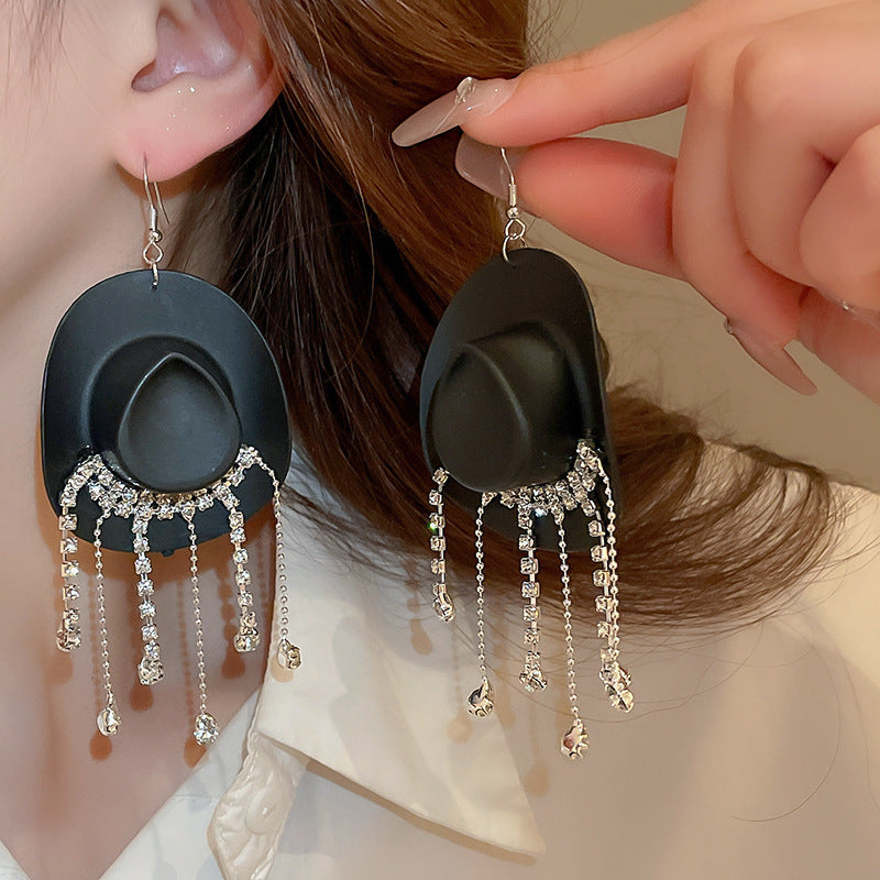 Wholesale Exaggerated rhinestone earrings hip-hop cowboy hat diamond tassel ear hooks
