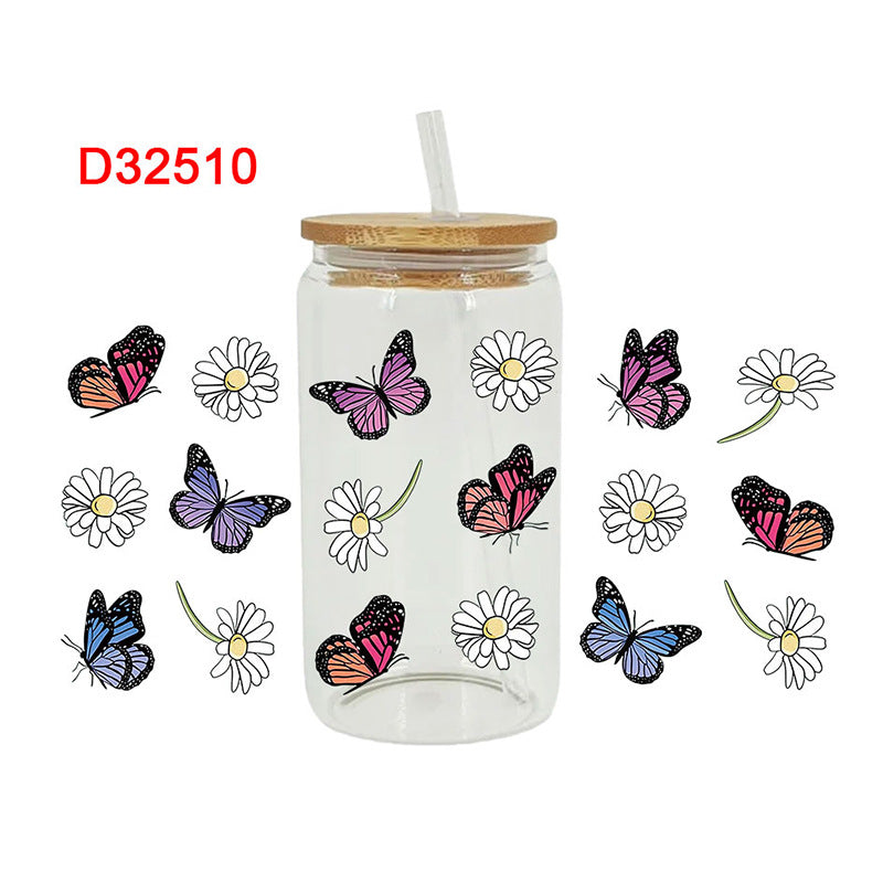 Wholesale Colorful Butterfly Flowers 16oz Cup UV DTF Wraps