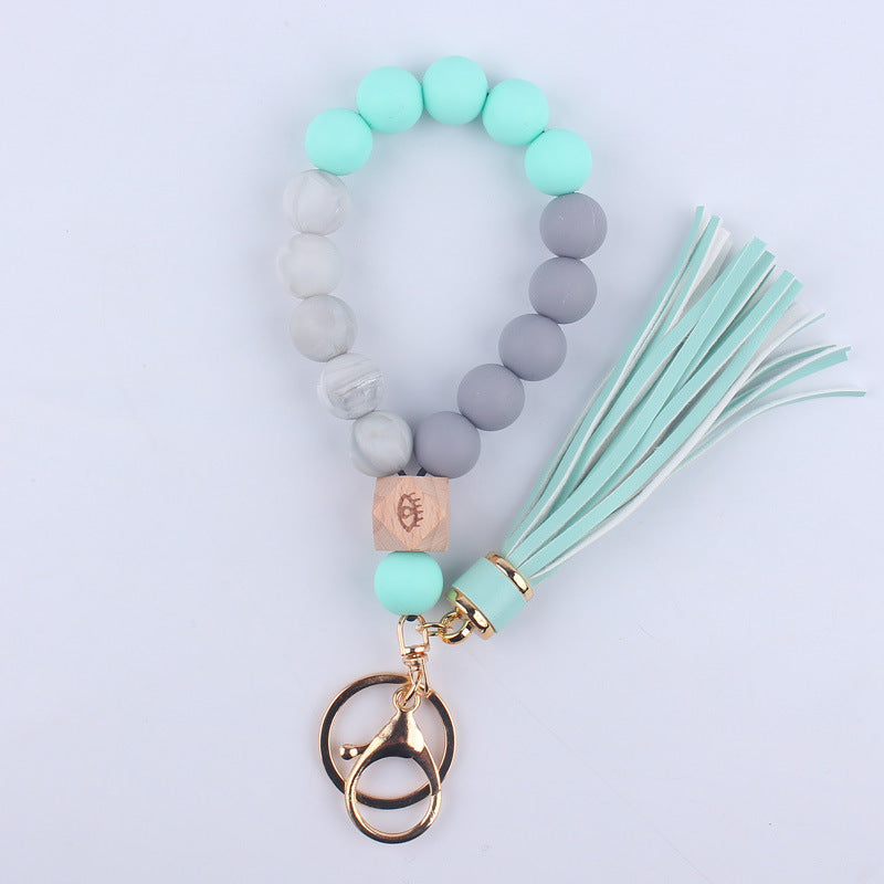 Wholesale Leopard Pattern Silicone Tassel Beaded Wrist Keychain