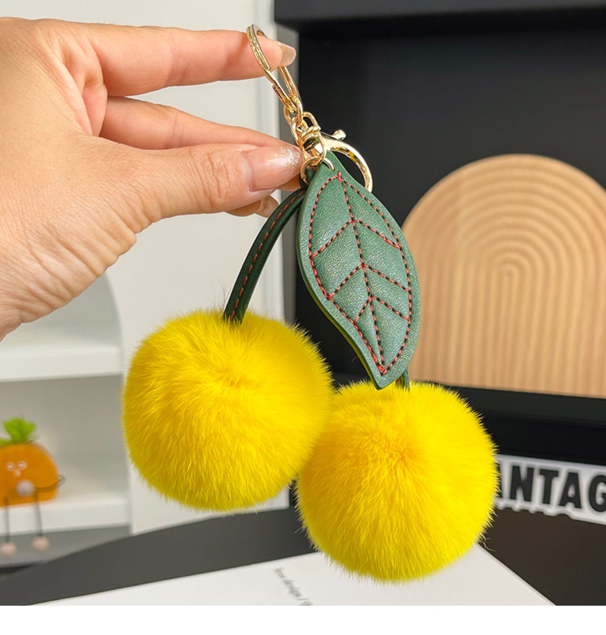 Wholesale Faux fur single leaf cherry plush pendant keychain